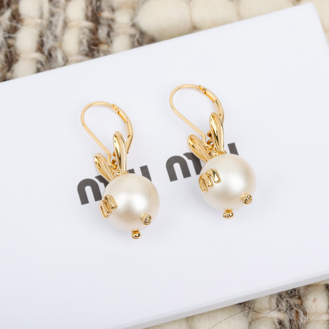 Miu Miu Gold Tone Bunny Earrings with Pearl Detail